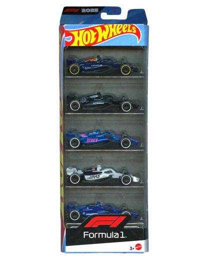 More Than Diecast 2025 Hot Wheels F1 5-pack featuring Red Bull, Mercedes, Alpine, Haas, and Williams race cars.