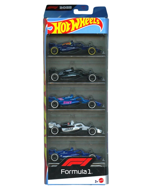 More Than Diecast 2025 Hot Wheels F1 5-pack featuring Red Bull, Mercedes, Alpine, Haas, and Williams race cars.