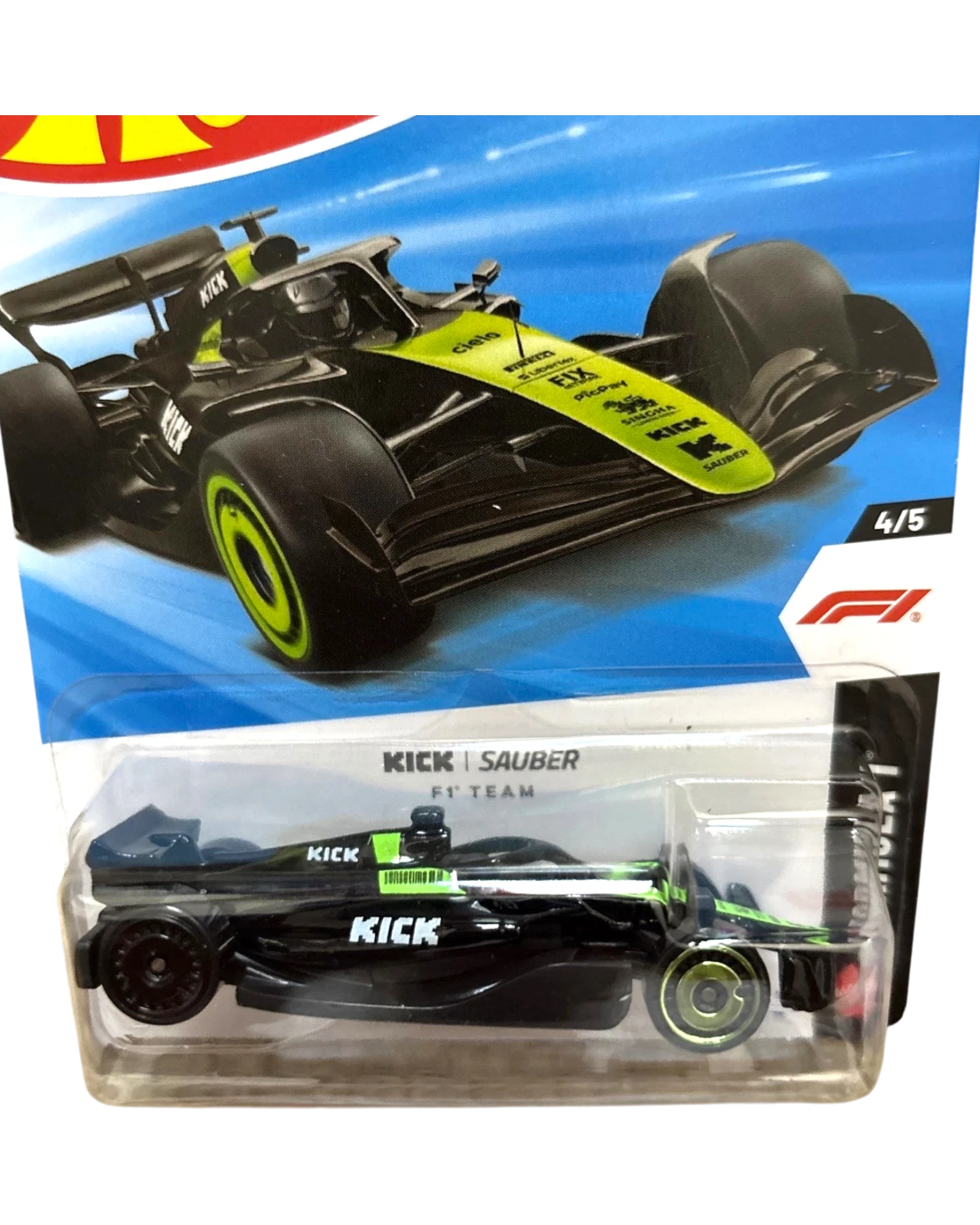 More Than Diecast Hot Wheels 2026 Formula 1 Kick Sauber Team F1 car, black with green accents and "KICK" logo.