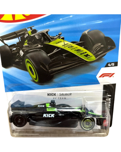 More Than Diecast Hot Wheels 2026 Formula 1 Kick Sauber Team F1 car, black with green accents and "KICK" logo.