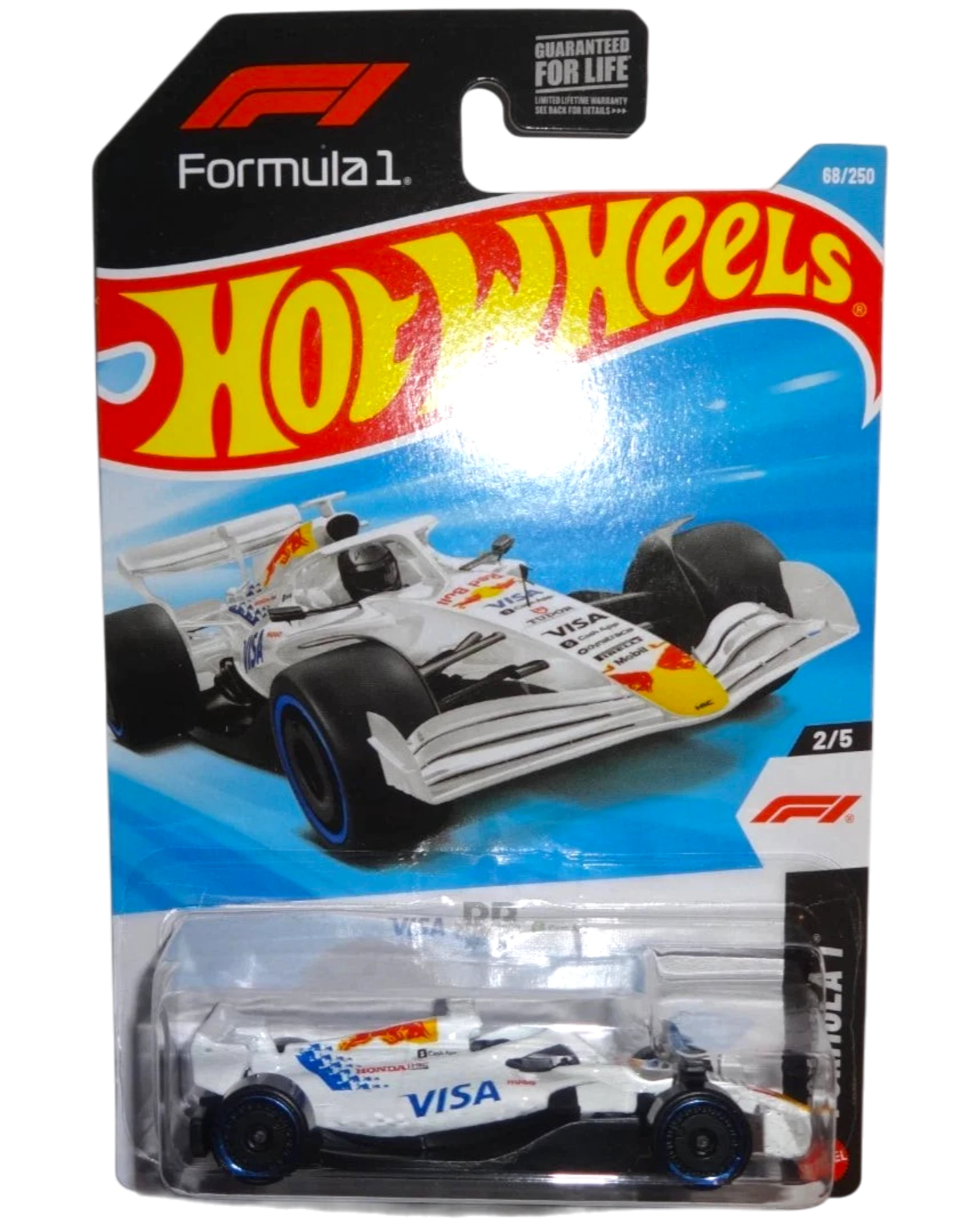 More Than Diecast Hot Wheels Formula 1 racing car, white with blue and red accents, Visa and Cash App logos.