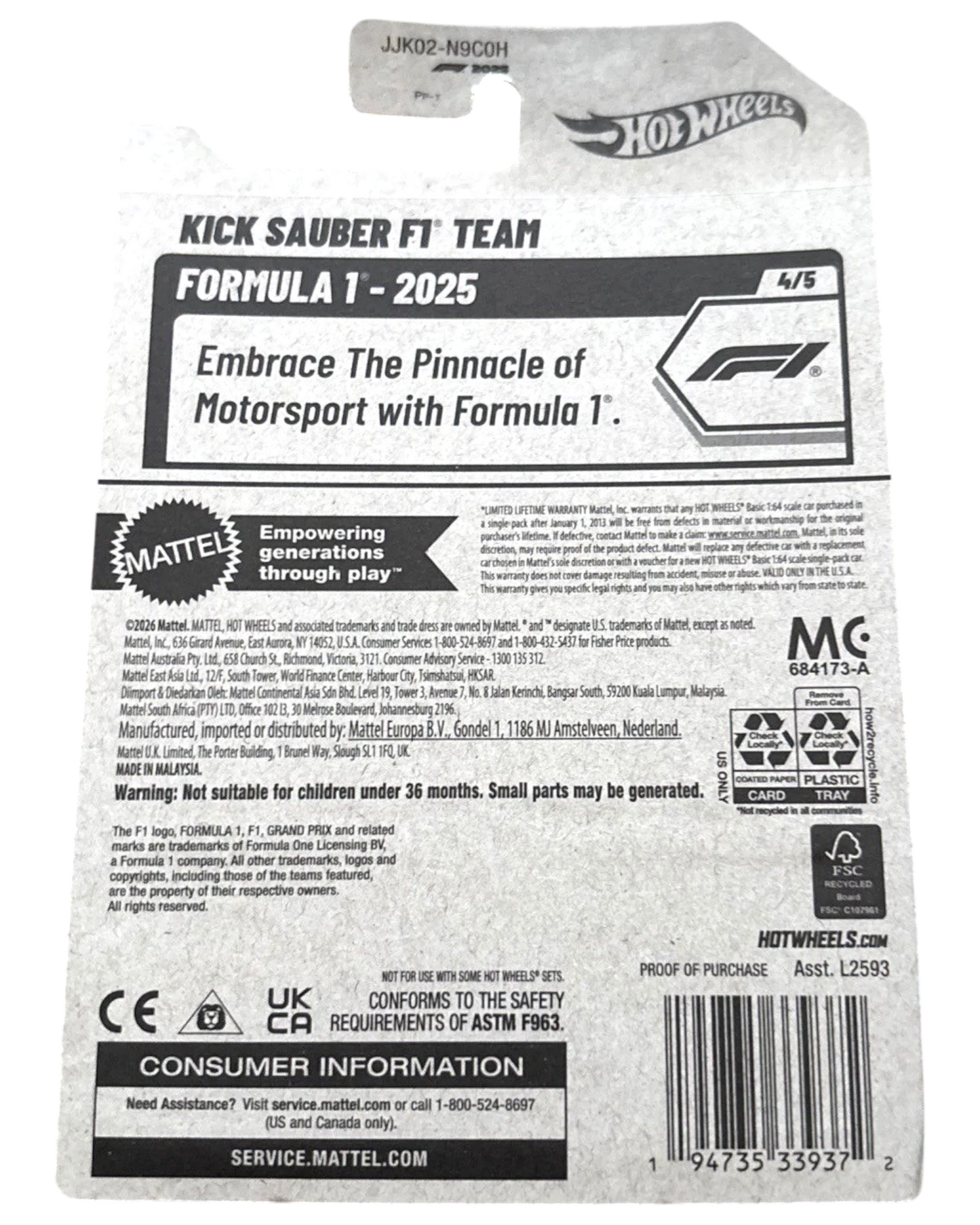 More Than Diecast Hot Wheels 2025 Formula 1 Kick Sauber Team #154/250 #4/5 F1 One New Green diecast car packaging