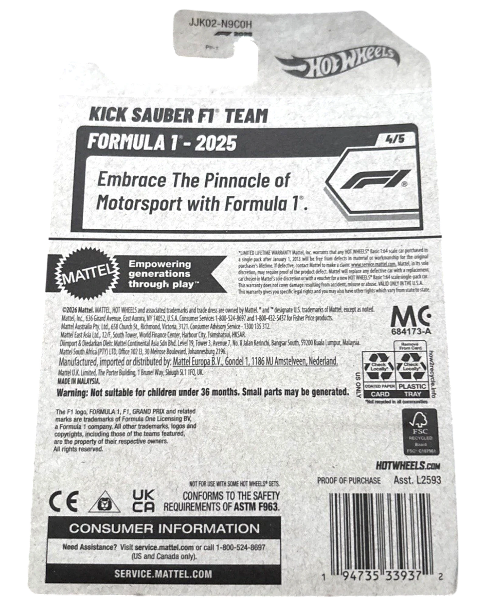 More Than Diecast Hot Wheels 2025 Formula 1 Kick Sauber Team #154/250 #4/5 F1 One New Green diecast car packaging