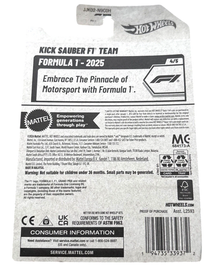 More Than Diecast Hot Wheels 2025 Formula 1 Kick Sauber Team #154/250 #4/5 F1 One New Green diecast car packaging