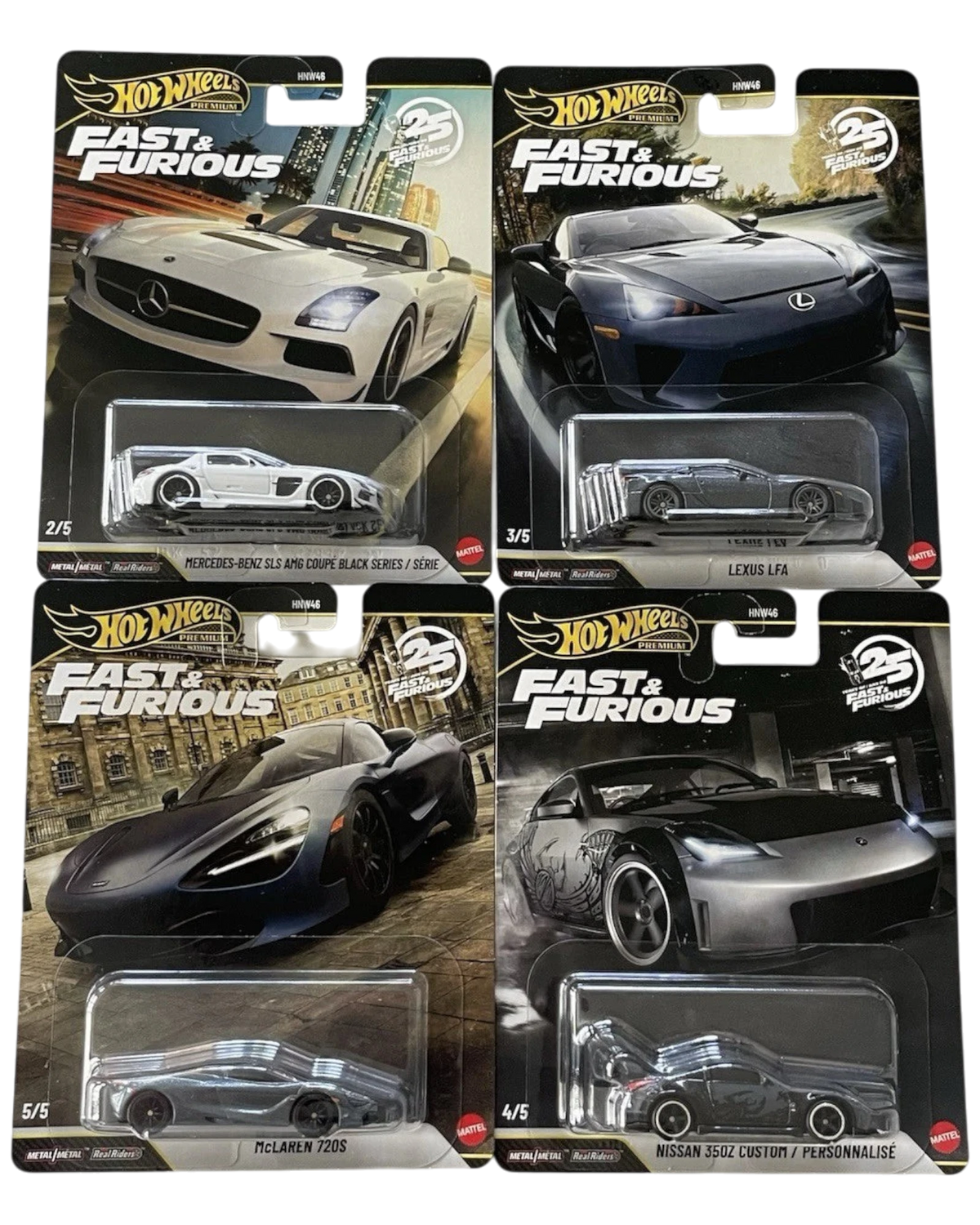 More Than Diecast Hot Wheels Premium Fast & Furious 25th Anniversary set featuring four collectible toy sports cars.
