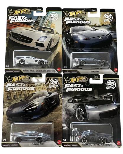 More Than Diecast Hot Wheels Premium Fast & Furious 25th Anniversary set featuring four collectible toy sports cars.