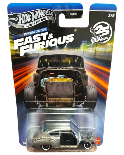 More Than Diecast Hot Wheels Silver Series Fast & Furious Dream Lineup diecast car, silver with exposed engine and custom wheels.