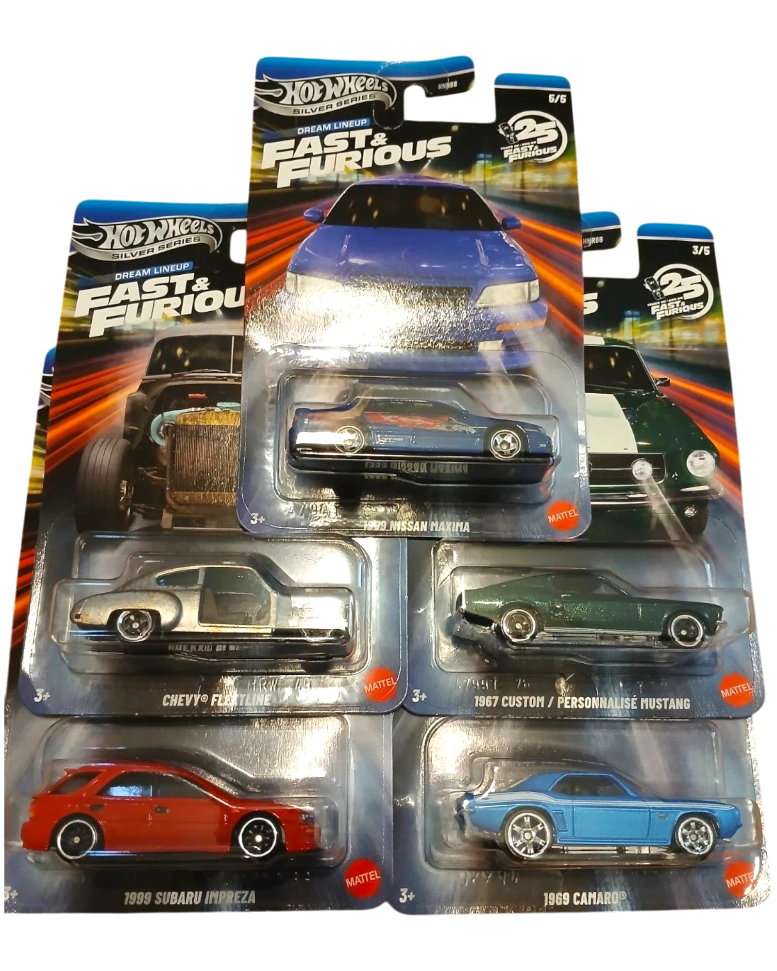 More Than Diecast Hot Wheels Fast & Furious Silver Series complete set of 5 diecast cars: 1999 Nissan Maxima, Chevy Flextline, 1967 Custom Mustang, 1999 Subaru Impreza, 1969 Camaro.