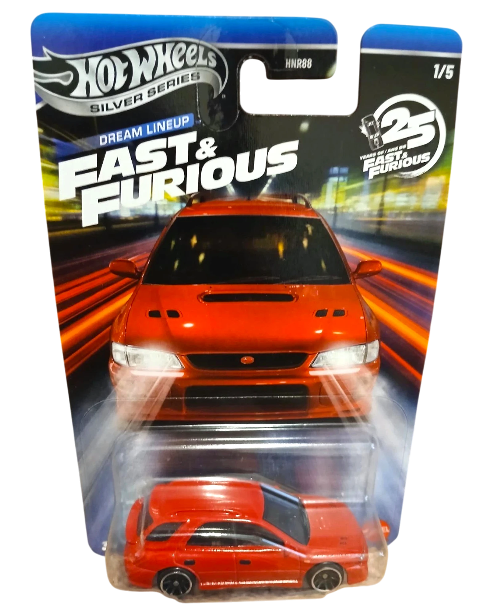 More Than Diecast Hot Wheels Fast & Furious Silver Series Subaru Impreza WRX STI wagon, red, in blister pack.