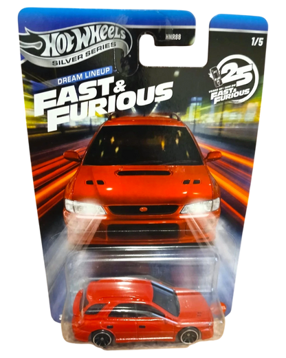 More Than Diecast Hot Wheels Fast & Furious Silver Series Subaru Impreza WRX STI wagon, red, in blister pack.