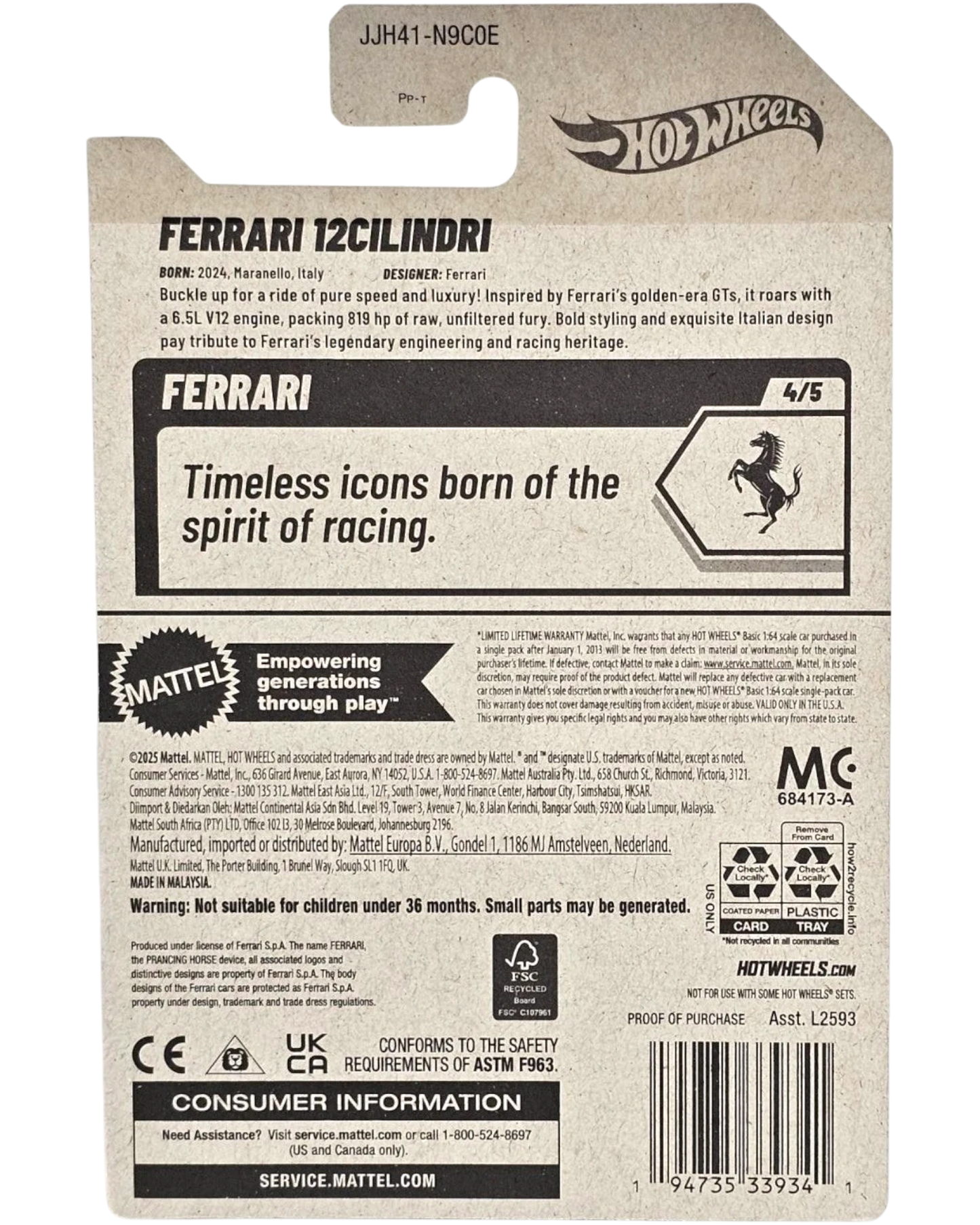 More Than Diecast Hot Wheels Ferrari 12Cilindri 1:64 scale diecast car packaging. Features Ferrari branding and racing heritage text.