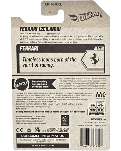More Than Diecast Hot Wheels Ferrari 12Cilindri 1:64 scale diecast car packaging. Features Ferrari branding and racing heritage text.