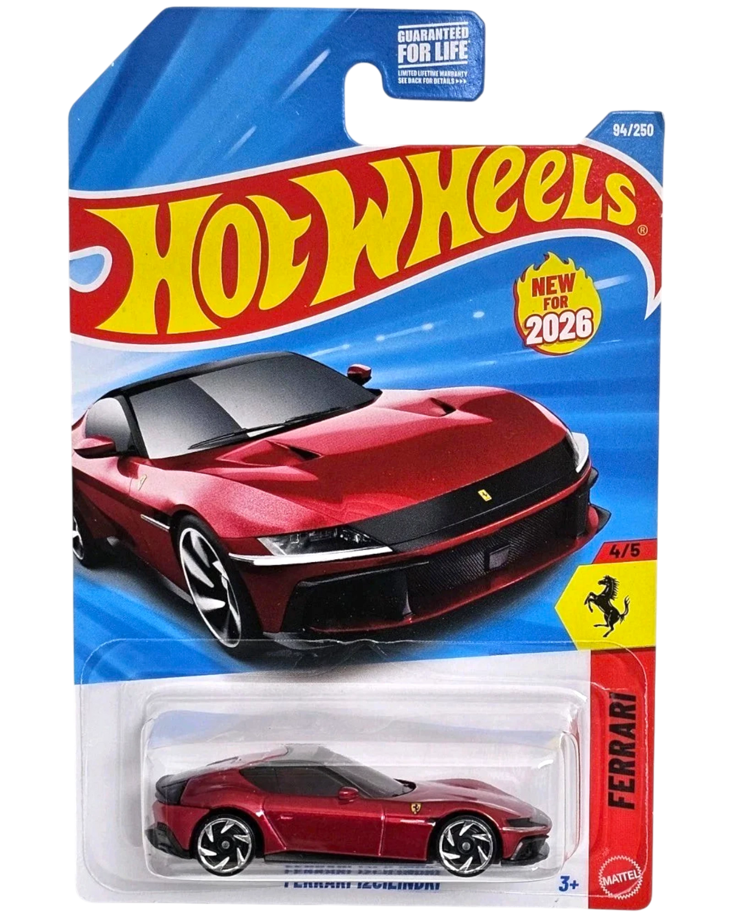 More Than Diecast Hot Wheels 2026 Ferrari 12Cilindri diecast car, 1:64 scale, metallic red with black accents.