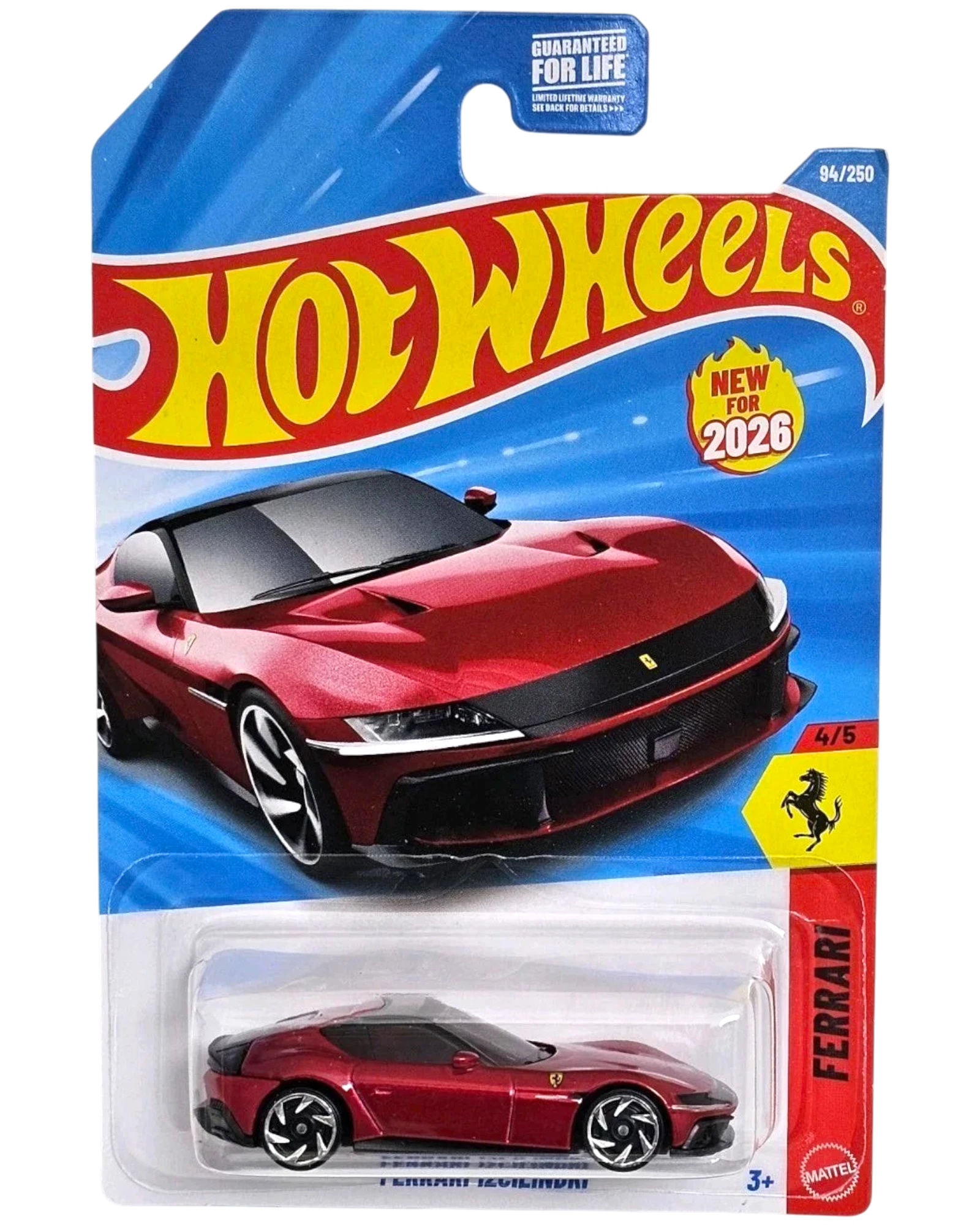 More Than Diecast Hot Wheels 2026 Ferrari 12Cilindri diecast car, 1:64 scale, metallic red with black accents.