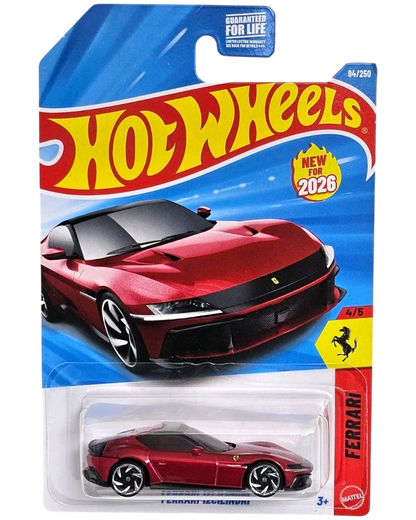 More Than Diecast Hot Wheels 2026 Ferrari 12Cilindri diecast car, 1:64 scale, metallic red with black accents.