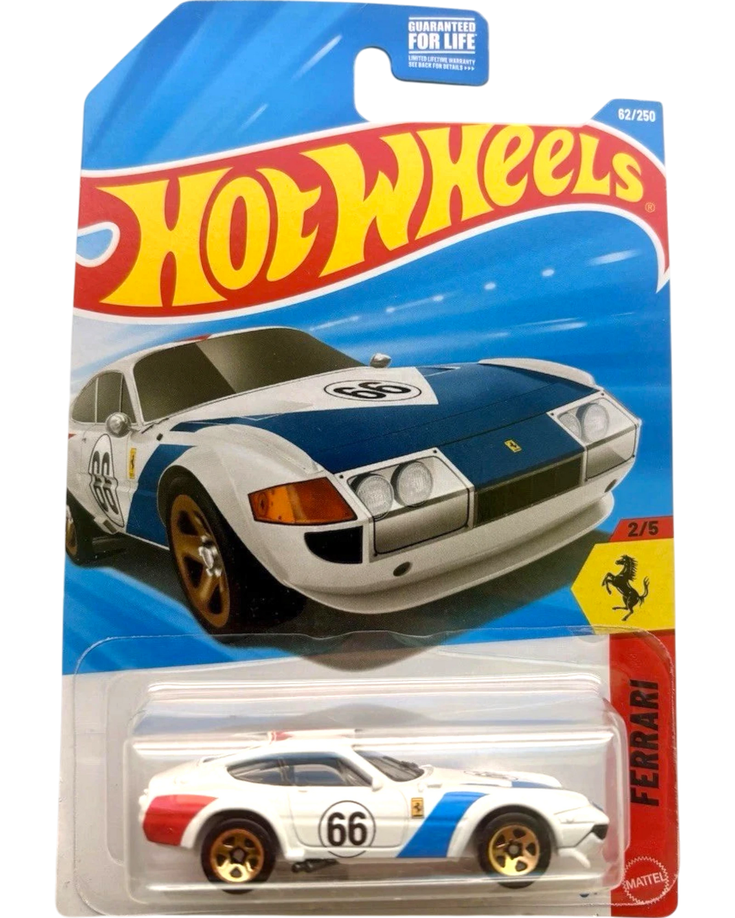 More Than Diecast 2026 Hot Wheels Mainline Ferrari 365 GTB4 Competizione 62/250 white diecast car with blue racing stripes and gold wheels.