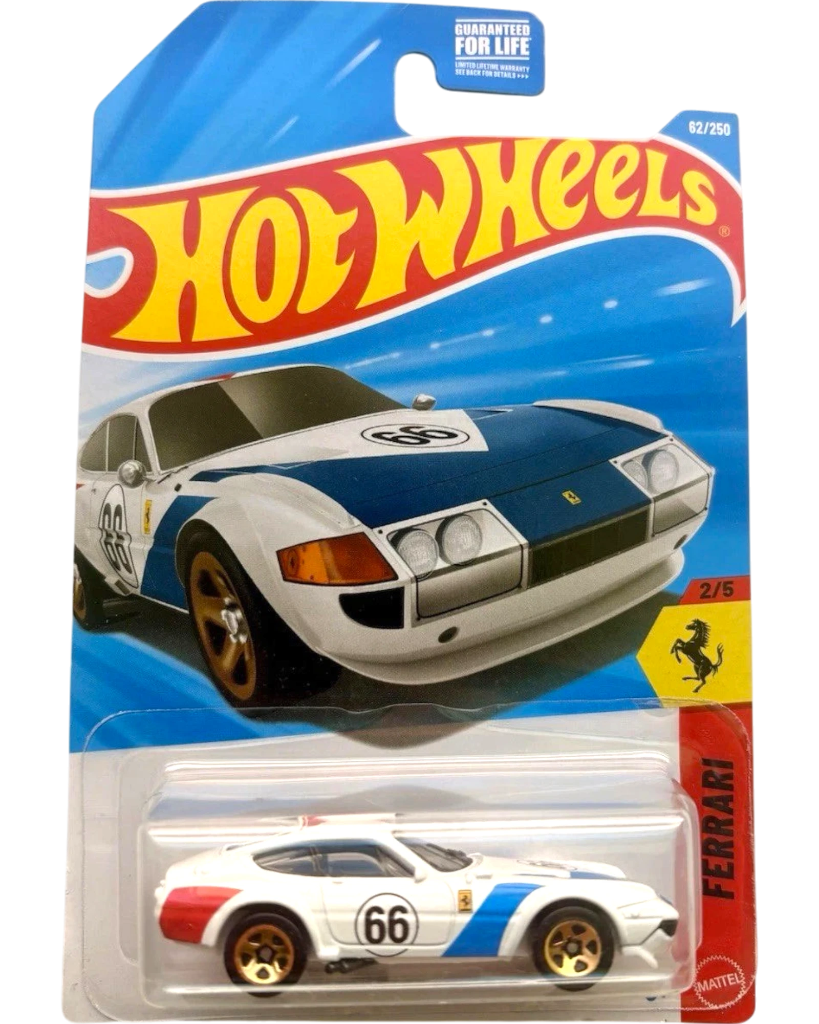 More Than Diecast 2026 Hot Wheels Mainline Ferrari 365 GTB4 Competizione 62/250 white diecast car with blue racing stripes and gold wheels.
