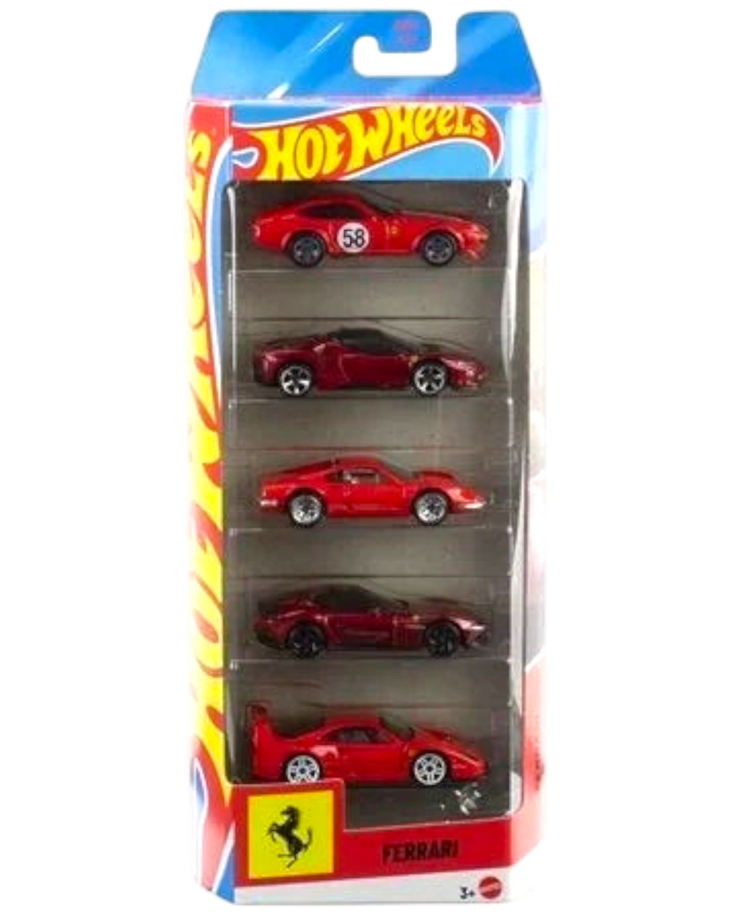 More Than Diecast Hot Wheels Ferrari 5-pack featuring five red 1:64 scale die-cast racing cars in original packaging.