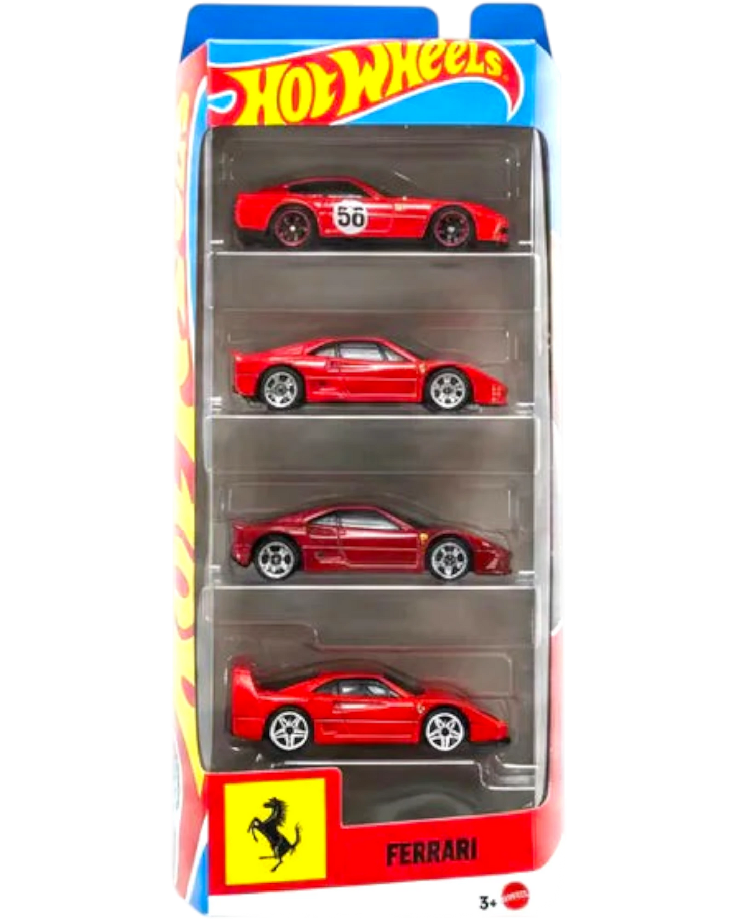 More Than Diecast Hot Wheels Ferrari 5-pack featuring five red 1:64 scale die-cast racing cars in original packaging