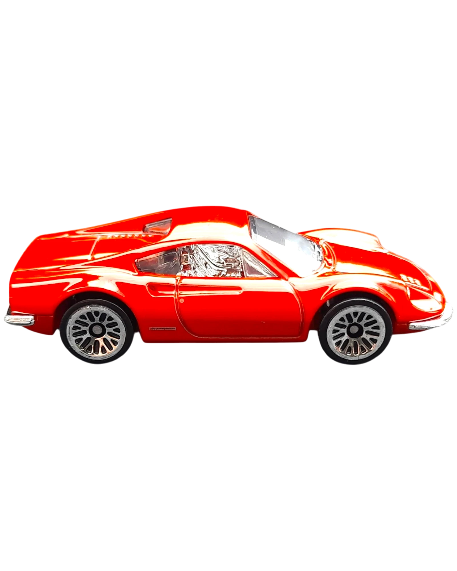 More Than Diecast Hot Wheels Ferrari Dino 206 GT in bright red, 1:64 scale die-cast sports car side profile view.