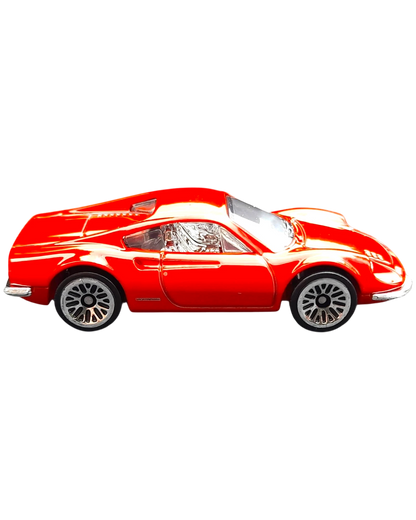 More Than Diecast Hot Wheels Ferrari Dino 206 GT in bright red, 1:64 scale die-cast sports car side profile view.