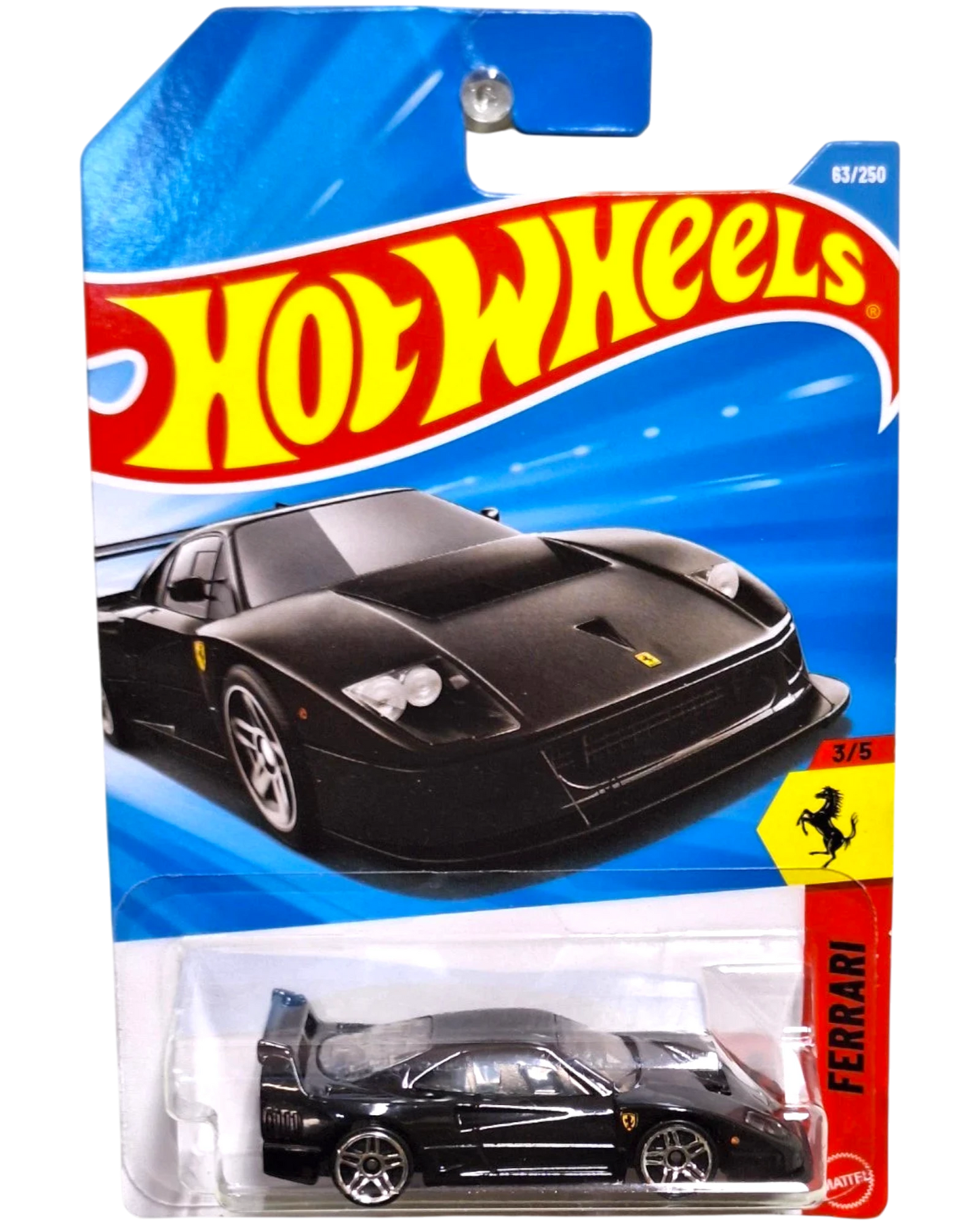 More Than Diecast Hot Wheels 2026 Ferrari F40 Competizione, black die-cast model car with silver wheels and spoiler.