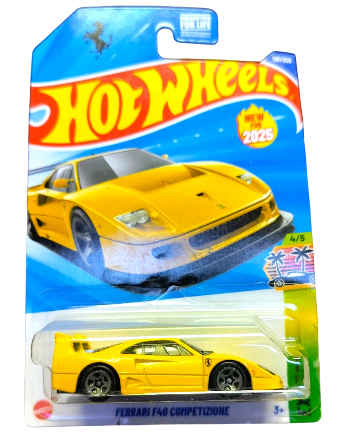 More Than Diecast yellow Hot Wheels Ferrari F40 Competizione diecast car in packaging.