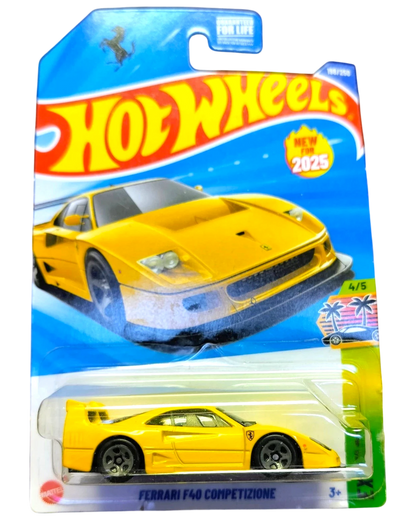 More Than Diecast yellow Hot Wheels Ferrari F40 Competizione diecast car in packaging.