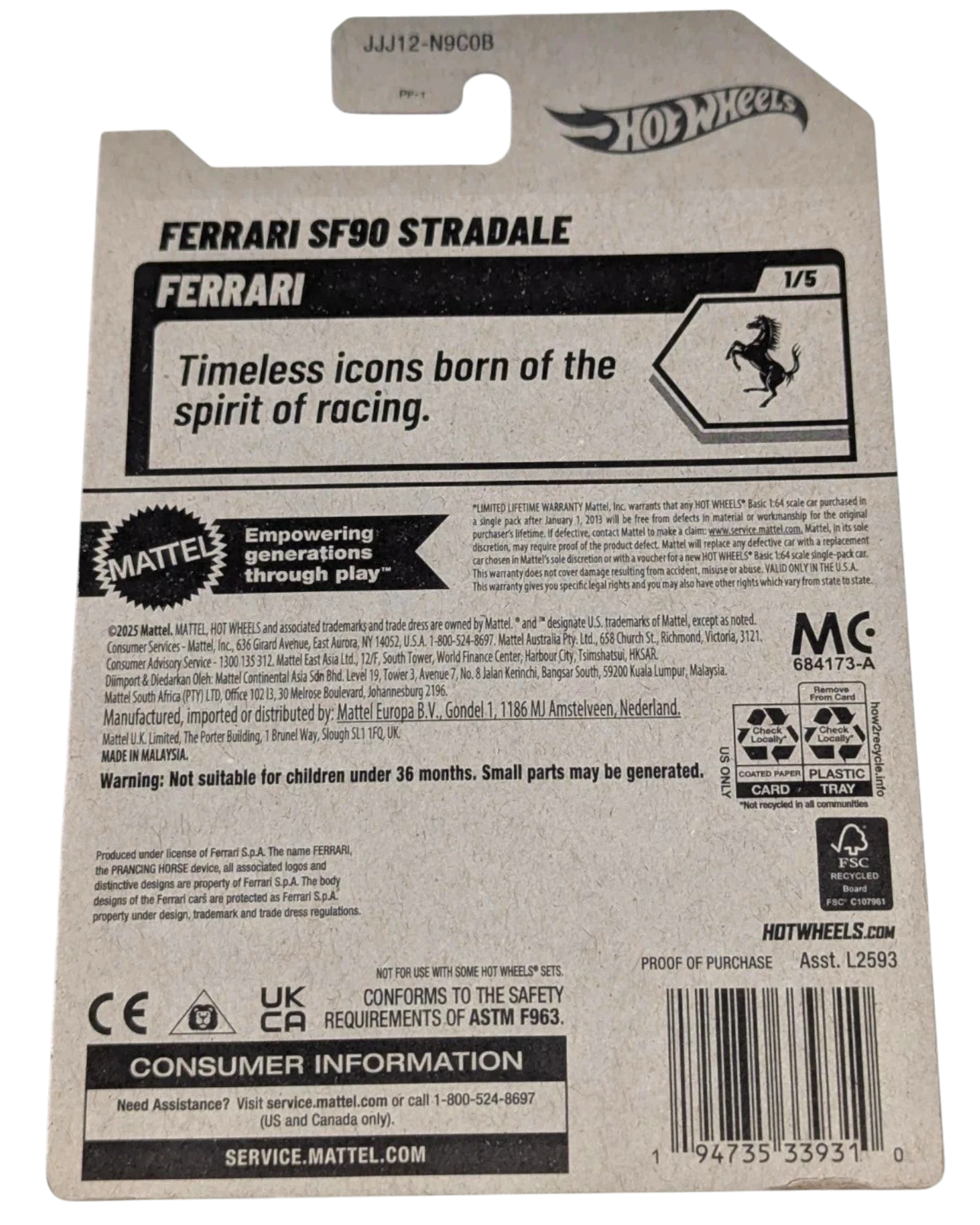 More Than Diecast Hot Wheels Ferrari SF90 Stradale die-cast model car, 1/5 scale, with Ferrari logo and prancing horse emblem.