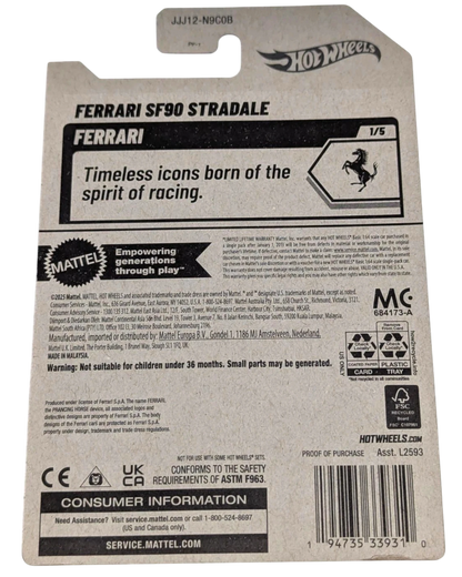More Than Diecast Hot Wheels Ferrari SF90 Stradale die-cast model car, 1/5 scale, with Ferrari logo and prancing horse emblem.