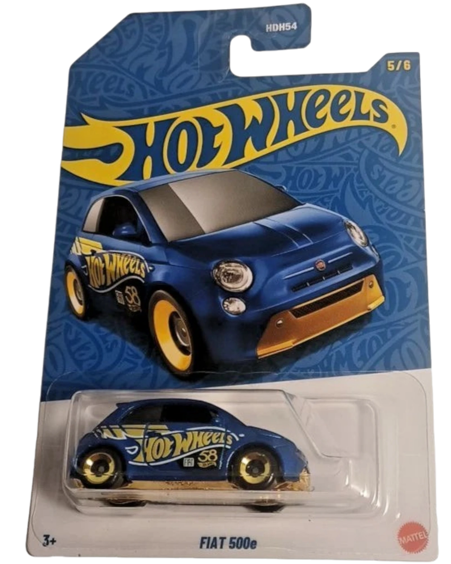 More Than Diecast 2026 Hot Wheels Fiat 500e 58th Anniversary blue die-cast car with gold accents and Hot Wheels logo.