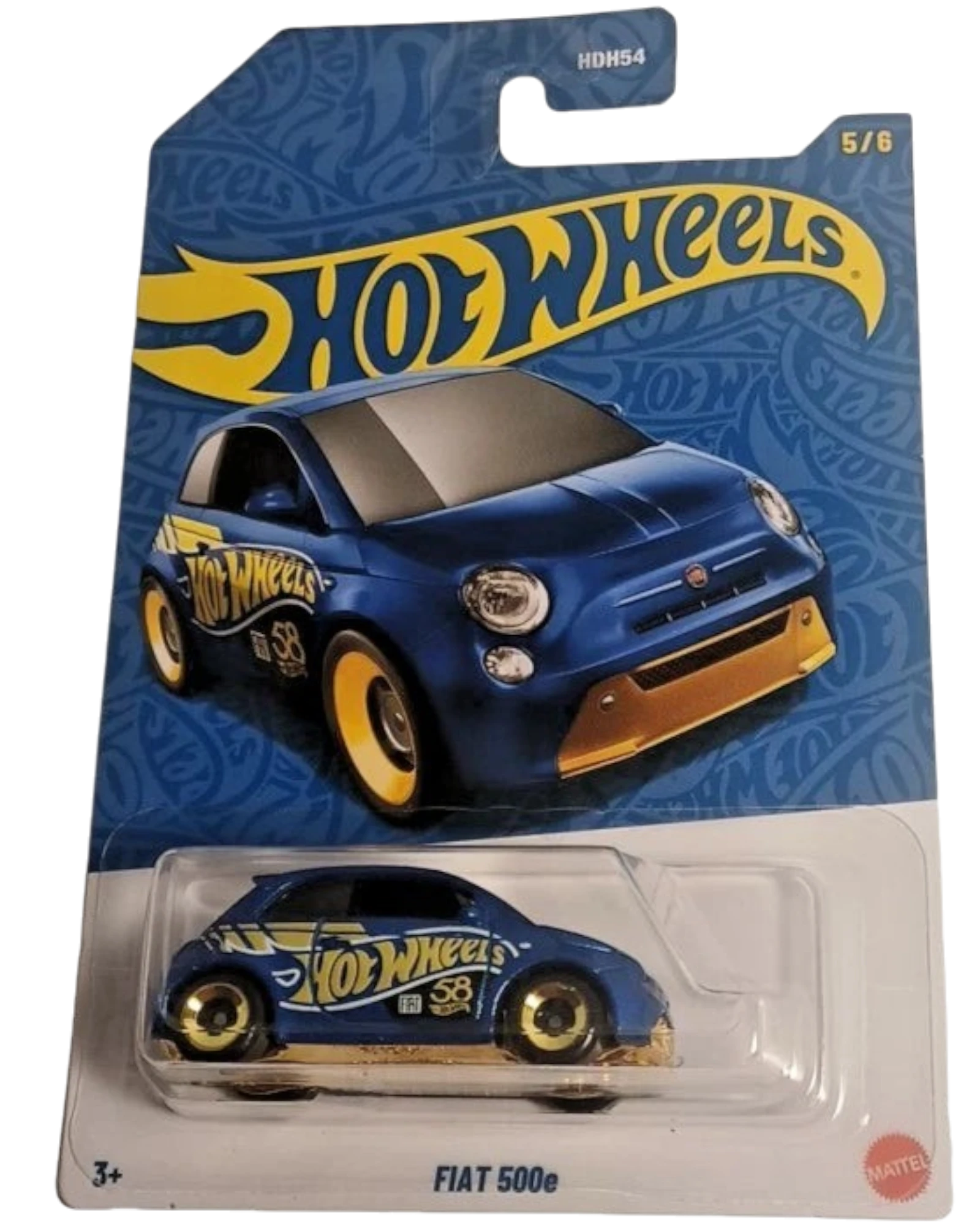 More Than Diecast 2026 Hot Wheels Fiat 500e 58th Anniversary blue die-cast car with gold accents and Hot Wheels logo.
