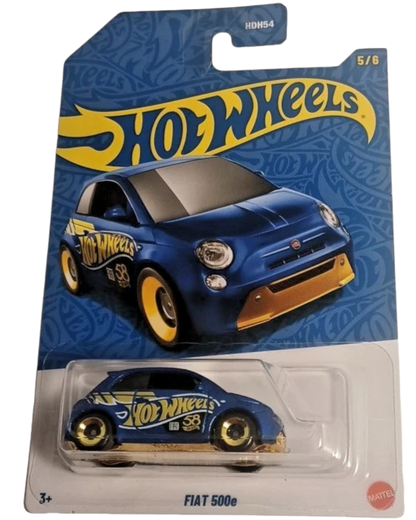 More Than Diecast 2026 Hot Wheels Fiat 500e 58th Anniversary blue die-cast car with gold accents and Hot Wheels logo.