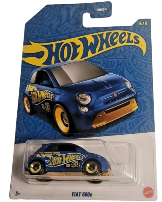 More Than Diecast 2026 Hot Wheels Fiat 500e 58th Anniversary blue die-cast car with gold accents and Hot Wheels logo.