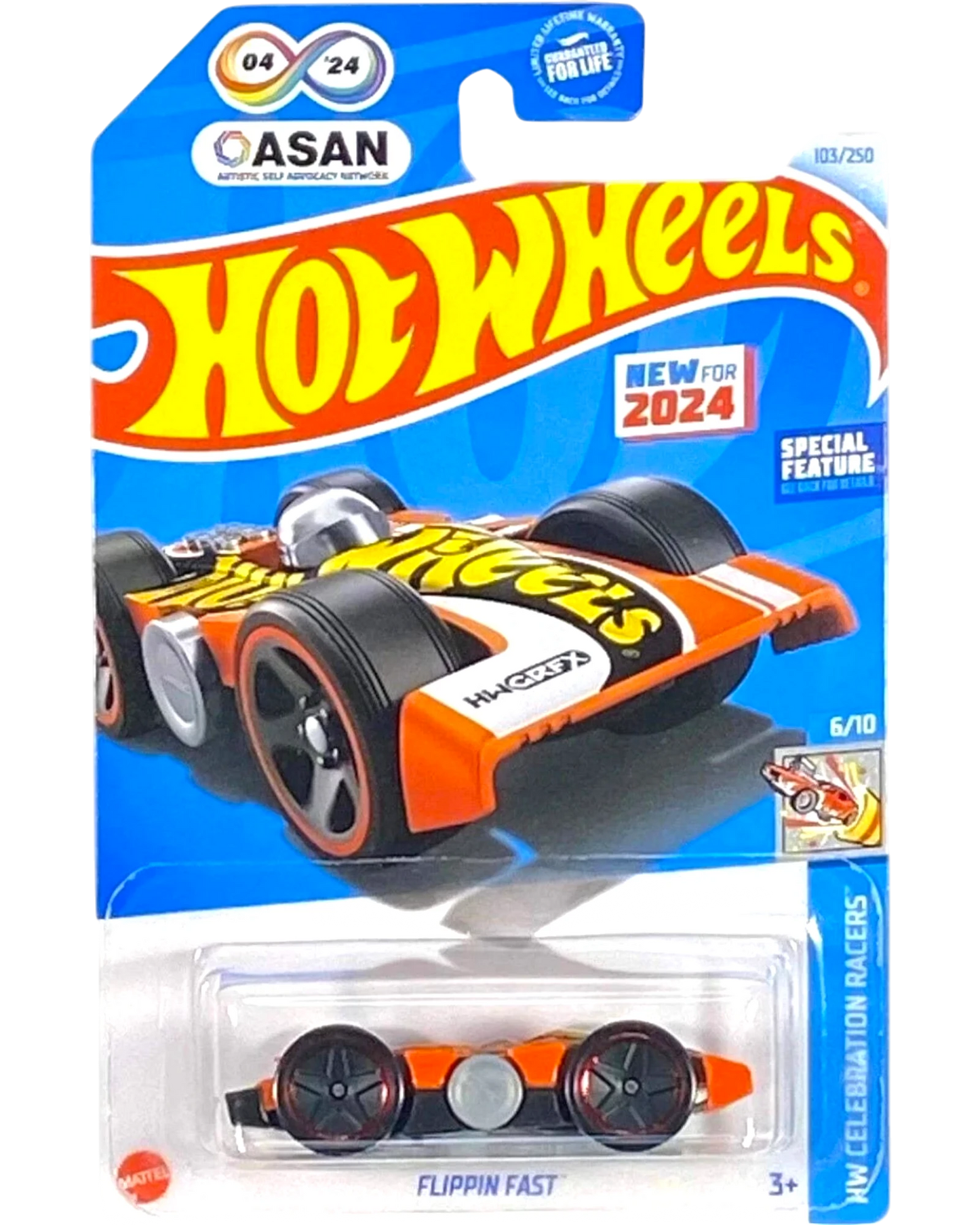 More Than Diecast Hot Wheels Flippin' Fast orange stunt car in 2024 HW Celebration Racers packaging