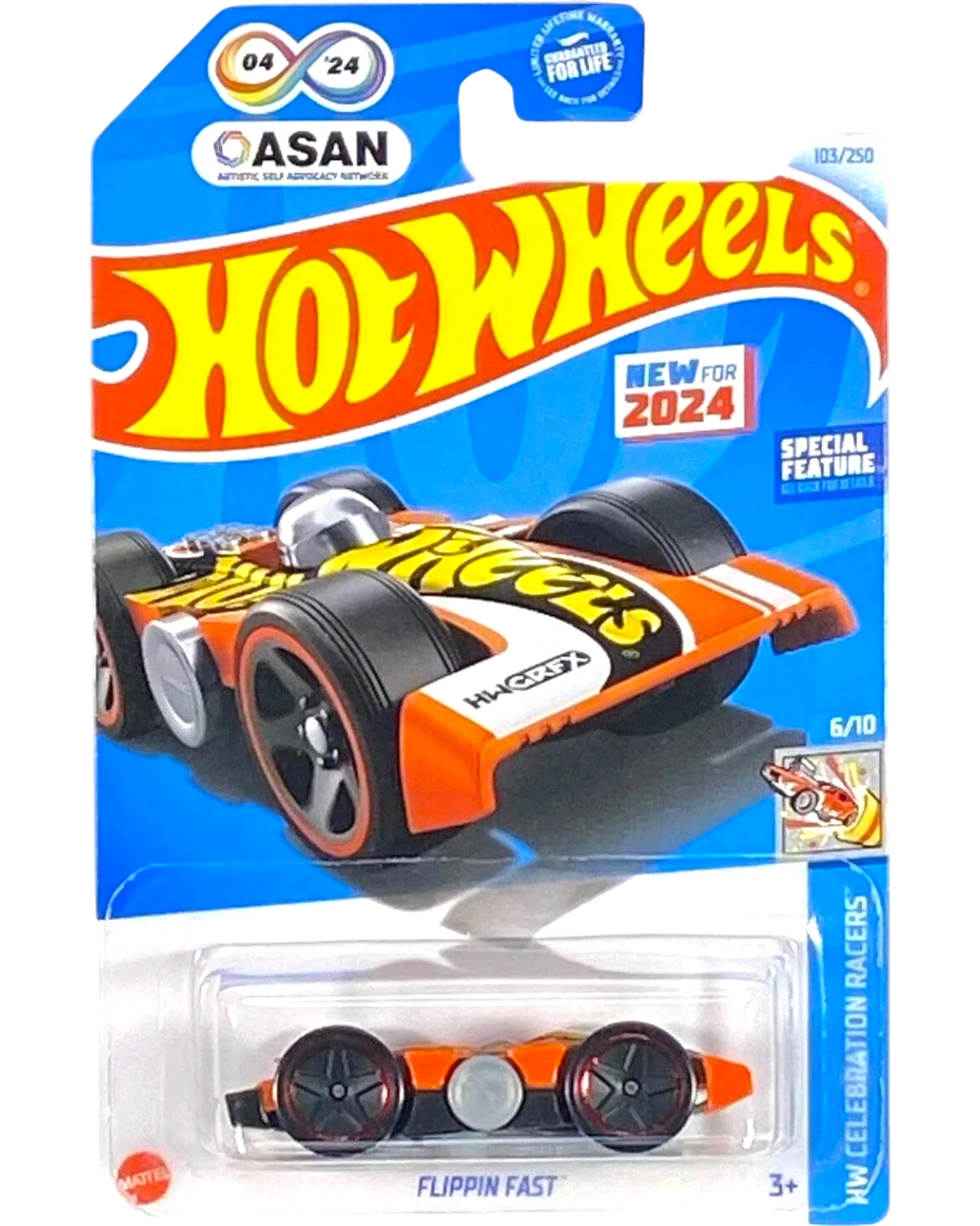 More Than Diecast Hot Wheels Flippin' Fast orange stunt car in 2024 HW Celebration Racers packaging
