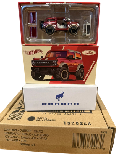 More Than Diecast Hot Wheels RLC Exclusive 2021 Ford Bronco dual-pack with premium red die-cast car and display box.