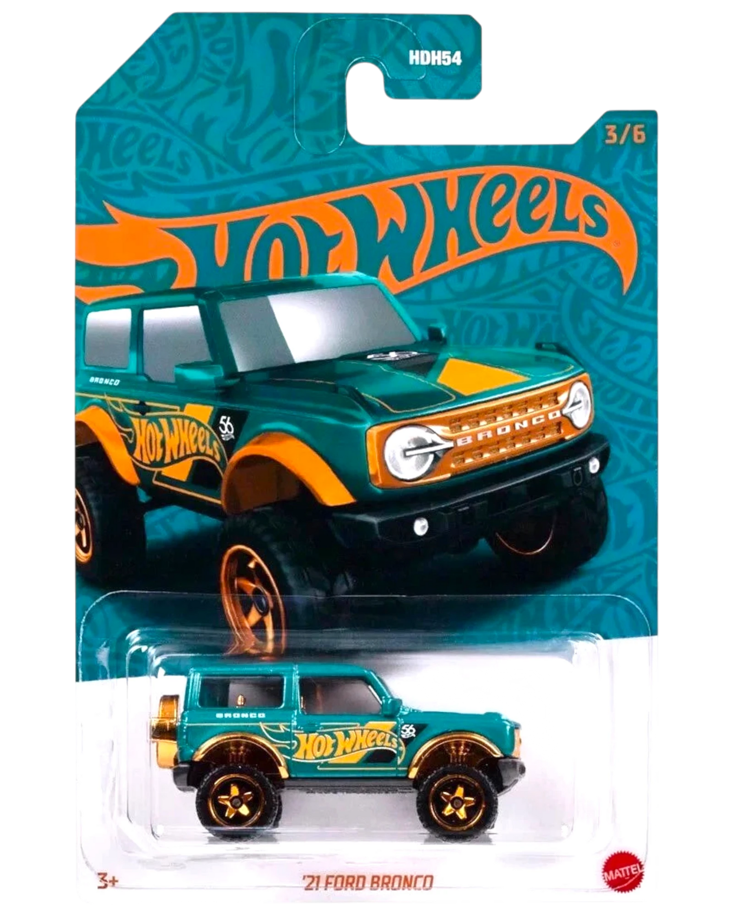 More Than Diecast Hot Wheels 2024 Pearl and Chrome '21 Ford Bronco toy car, teal with orange accents and gold wheels.