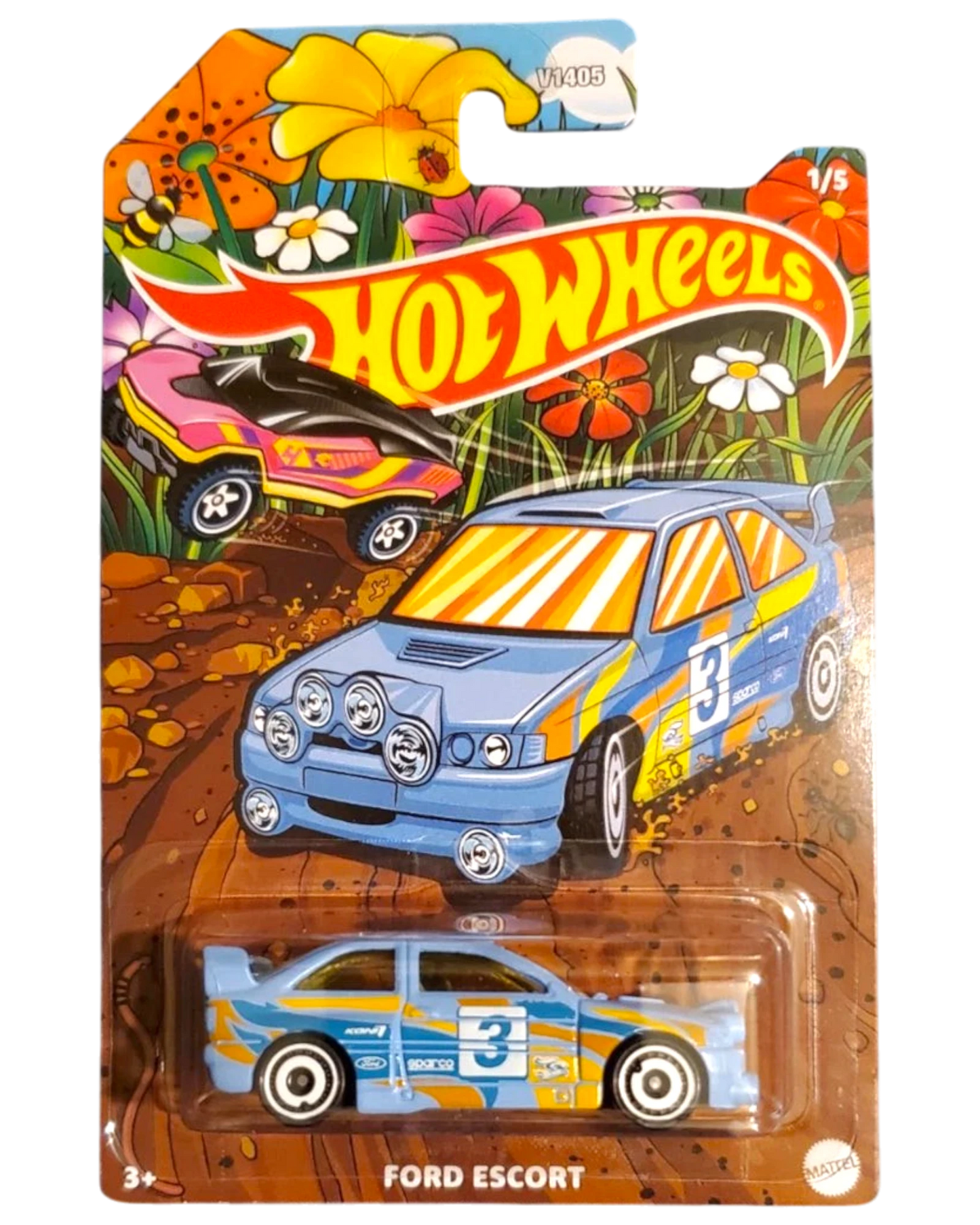 More Than Diecast 2026 Hot Wheels Ford Escort Rally Spring Series 1/5 light blue die-cast car with racing decals and number 3.