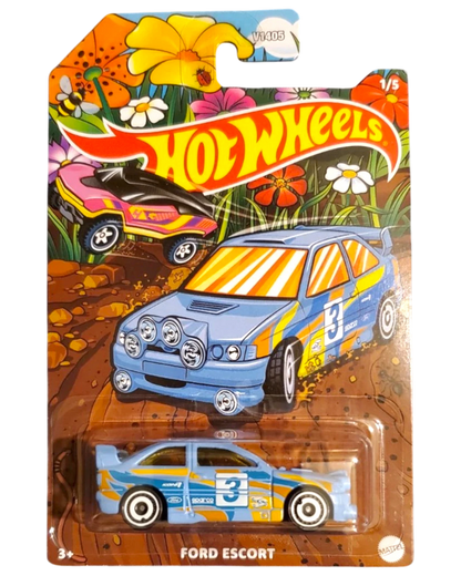 More Than Diecast 2026 Hot Wheels Ford Escort Rally Spring Series 1/5 light blue die-cast car with racing decals and number 3.