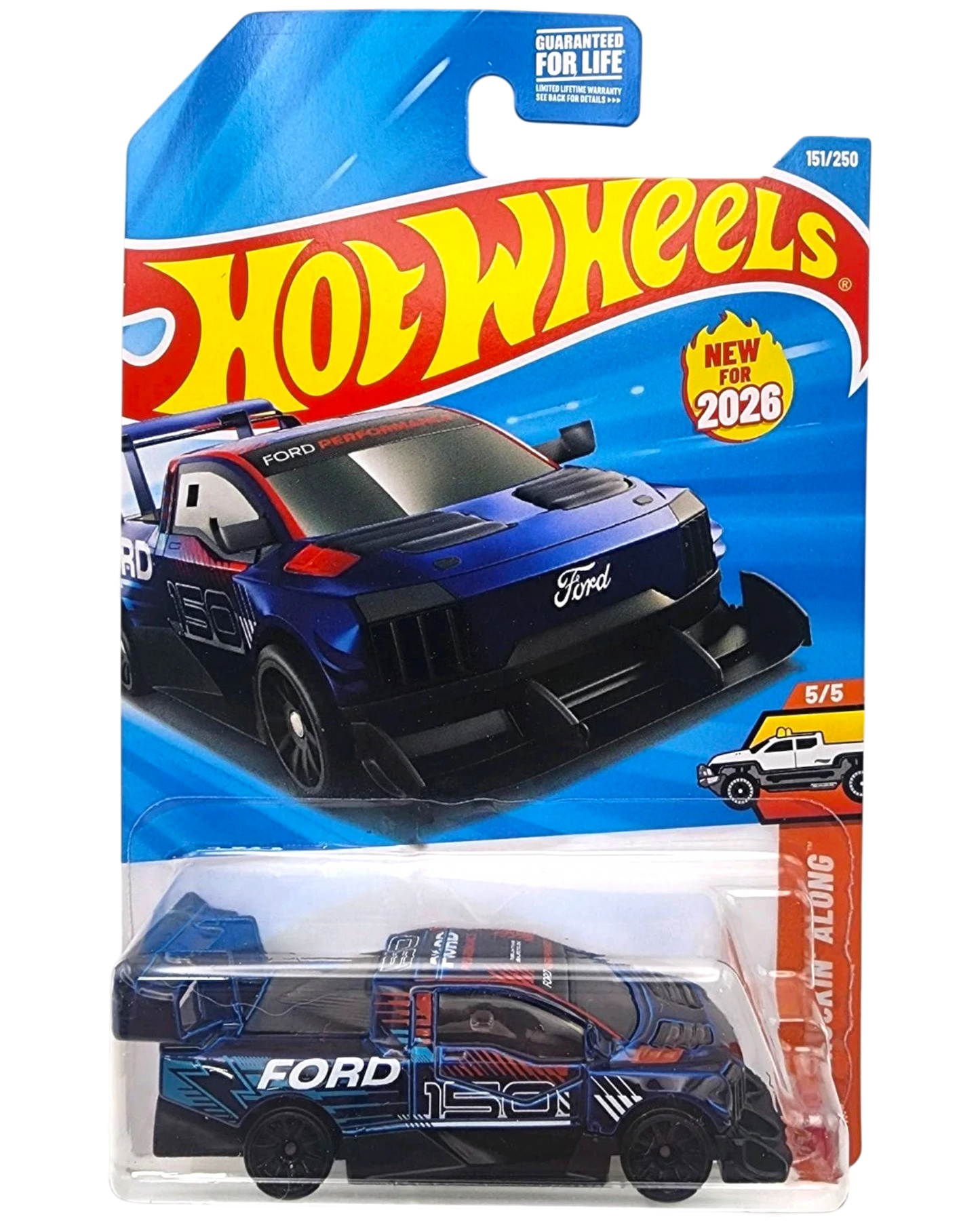 More Than Diecast Hot Wheels Ford F-150 Lightning Supertruck 1:64 die-cast, blue with black accents and racing graphics.