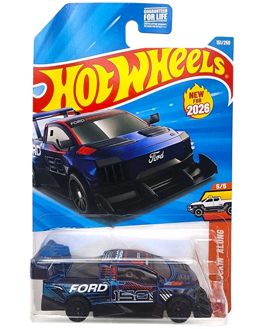 More Than Diecast Hot Wheels Ford F-150 Lightning Supertruck 1:64 die-cast, blue with black accents and racing graphics.