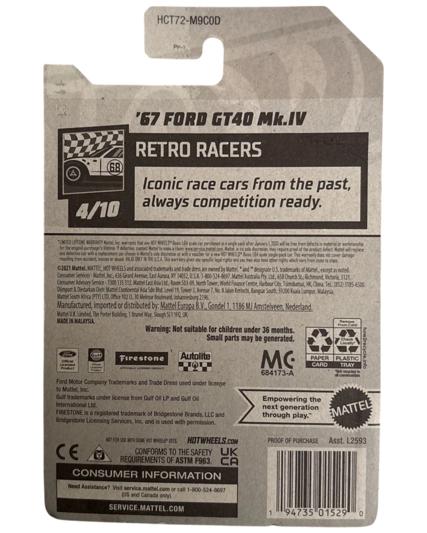 More Than Diecast Hot Wheels 1967 Ford GT40 Mk. IV Retro Racers packaging back view with product details