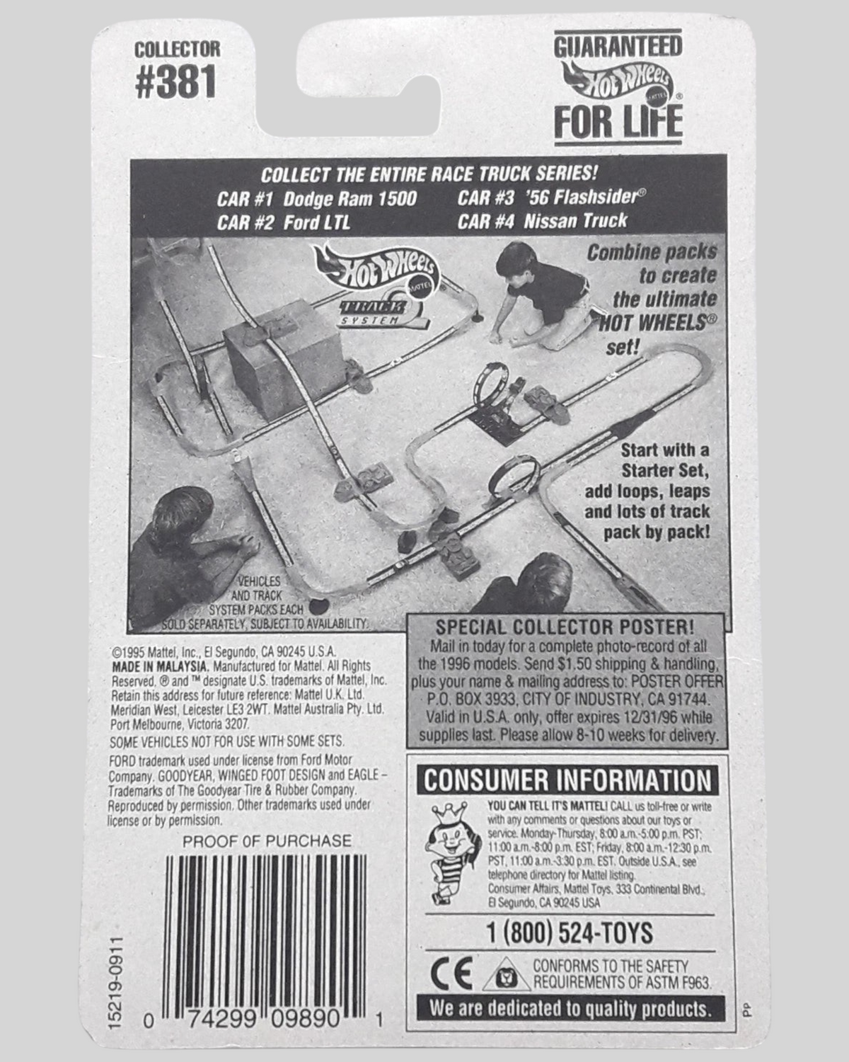 More Than Diecast Hot Wheels Race Truck Series collector card back with vintage 1996 promotional graphics