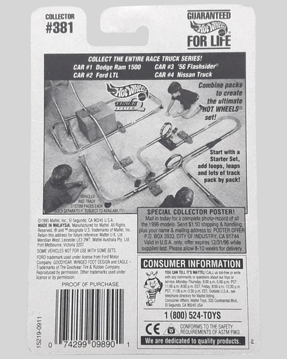 More Than Diecast Hot Wheels Race Truck Series collector card back with vintage 1996 promotional graphics
