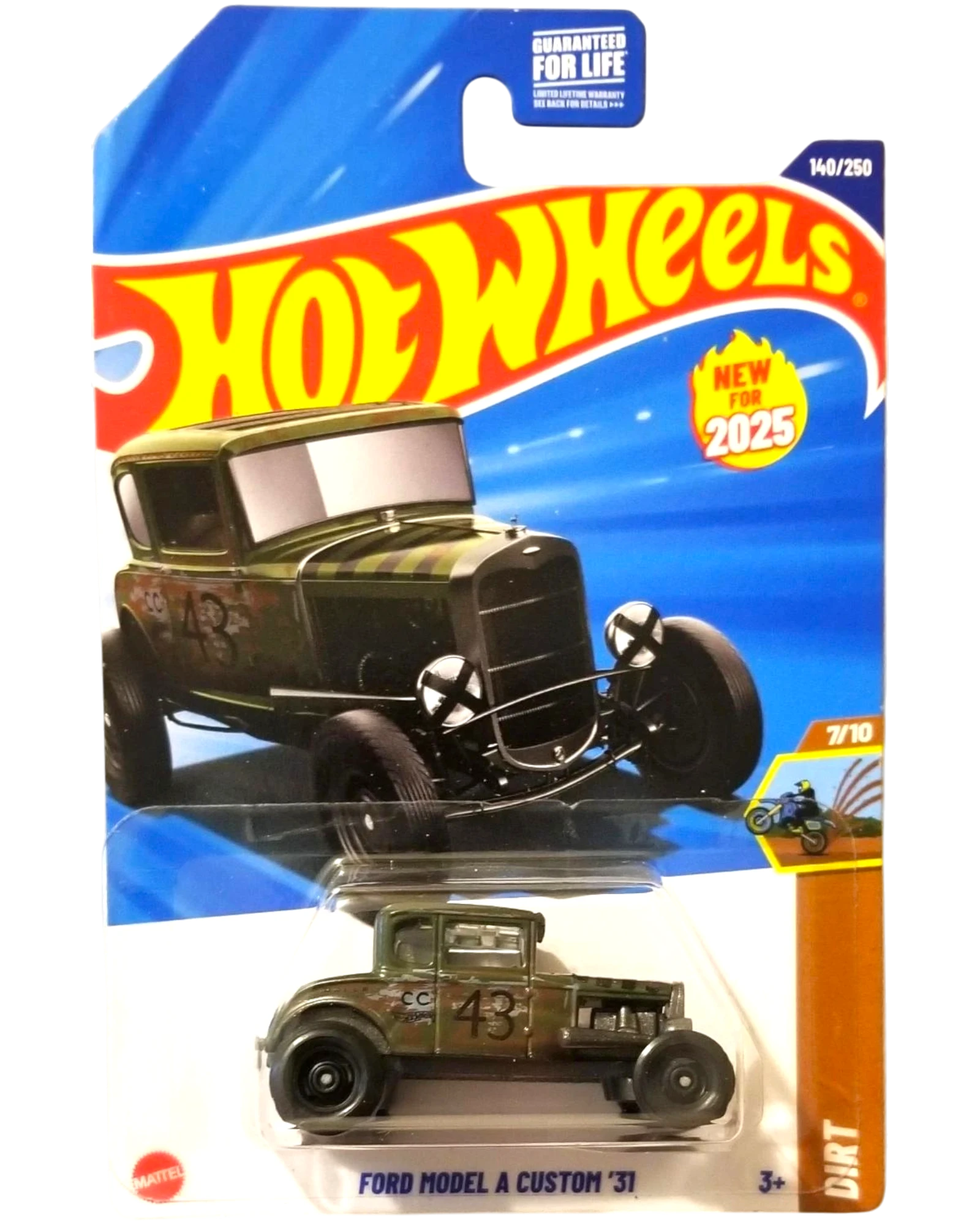 More Than Diecast Hot Wheels 2025 Ford Model A Custom '31 diecast car, olive green with black racing stripes and number 43.