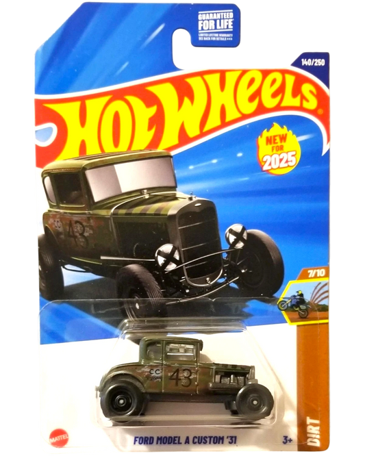 More Than Diecast Hot Wheels 2025 Ford Model A Custom '31 diecast car, olive green with black racing stripes and number 43.