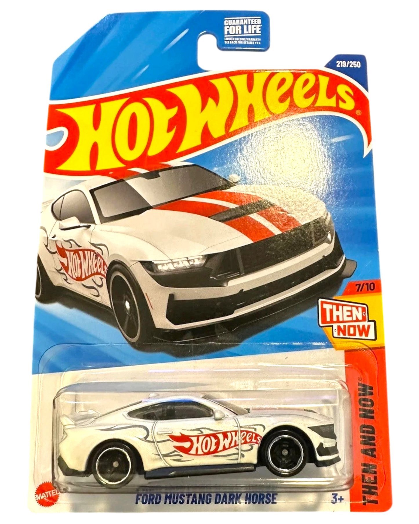 More Than Diecast 2025 Hot Wheels THEN AND NOW Ford Mustang Dark Horse, white with red racing stripes and flame graphics.
