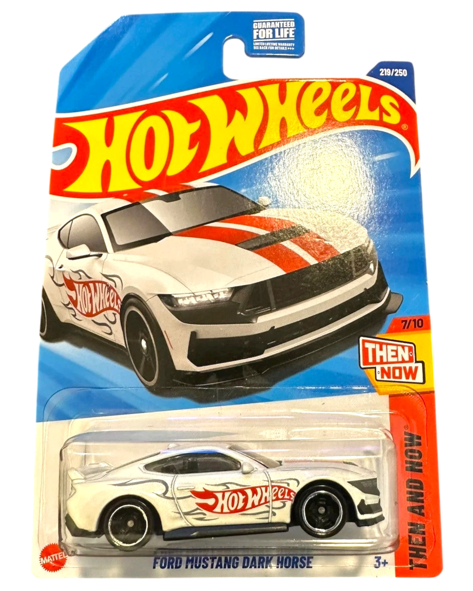 More Than Diecast 2025 Hot Wheels THEN AND NOW Ford Mustang Dark Horse, white with red racing stripes and flame graphics.
