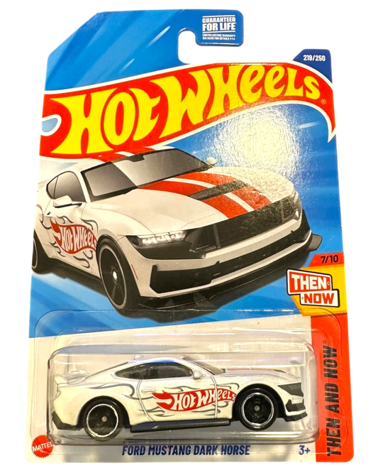 More Than Diecast 2025 Hot Wheels THEN AND NOW Ford Mustang Dark Horse, white with red racing stripes and flame graphics.